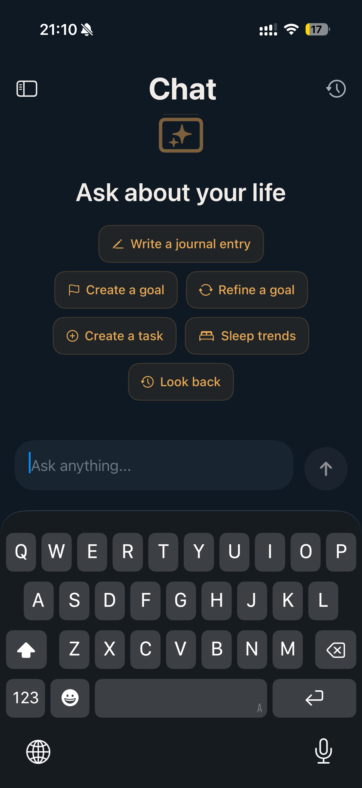 Chat screen with quick actions for journal, goals, tasks, and life questions